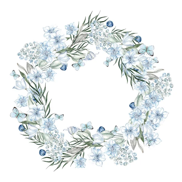 Piękny Akwarelowy Wieniec Niebieskimi Kwiatami Liśćmi Ilustracja — Zdjęcie stockowe