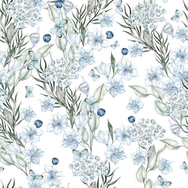 青い花と葉を持つ美しい水彩シームレスパターン イラスト — ストック写真