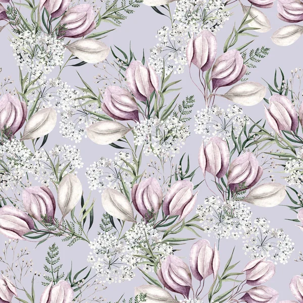 Beautiful Watercolor Seamless Pattern Flowers Leaves Illustration — Stock Photo, Image