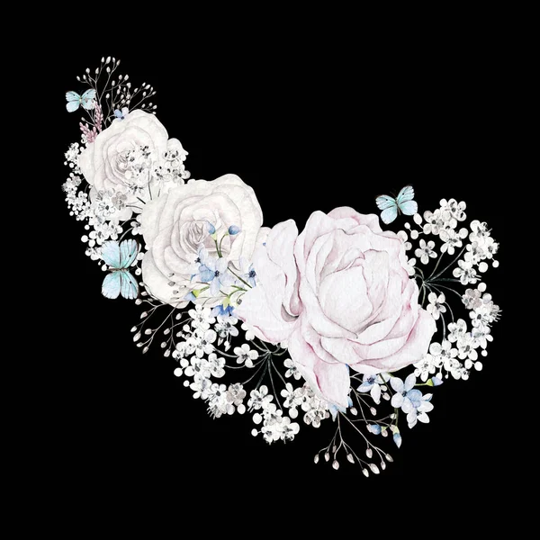 Gyönyörű Akvarell Csokor Rózsával Pillangóval Kék Virágokkal Felejts Illusztráció — Stock Fotó