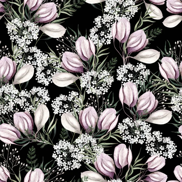 花や葉で美しい水彩シームレスパターン イラスト — ストック写真