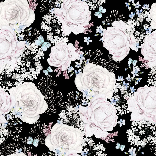 Piękny Akwarelowy Wzór Różą Motylem Niebieskimi Kwiatami Mnie Nie Zapomnij — Zdjęcie stockowe