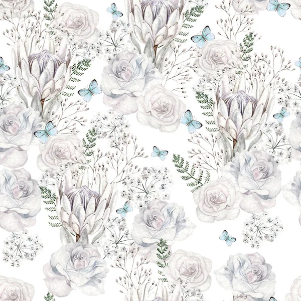 Beautiful Watercolor Seamless Pattern Rose Protea Butterfly Blue Flowers Forget — Stock Photo, Image