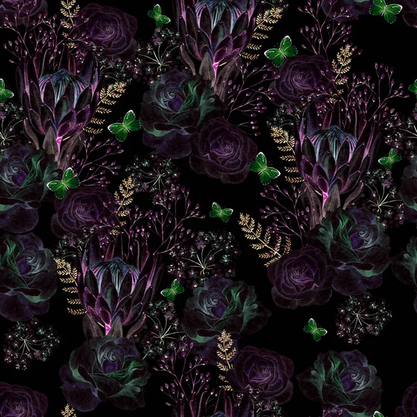 Schöne Aquarell Nahtlose Muster Mit Rose Protea Schmetterling Und Blauen — Stockfoto