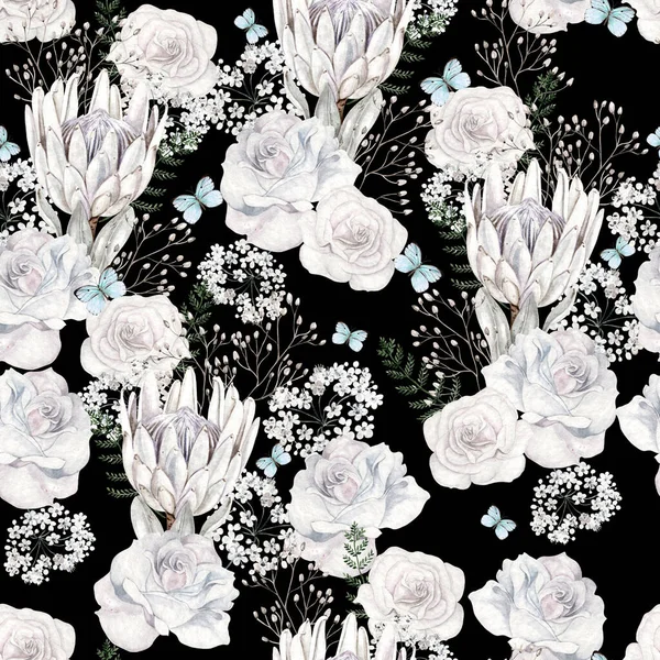 Beautiful watercolor seamless pattern  with rose, protea, butterfly and blue flowers forget me not. Illustration