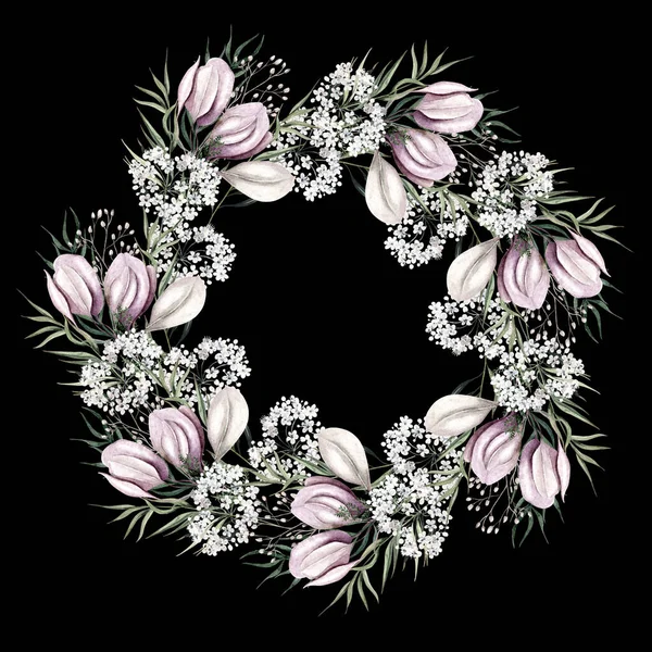 Schöner Aquarellkranz Mit Weißen Blüten Und Blättern Illustration — Stockfoto