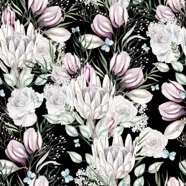 Schönes Aquarell Mit Nahtlosem Muster Mit Rose Protea Blüten Und — Stockfoto