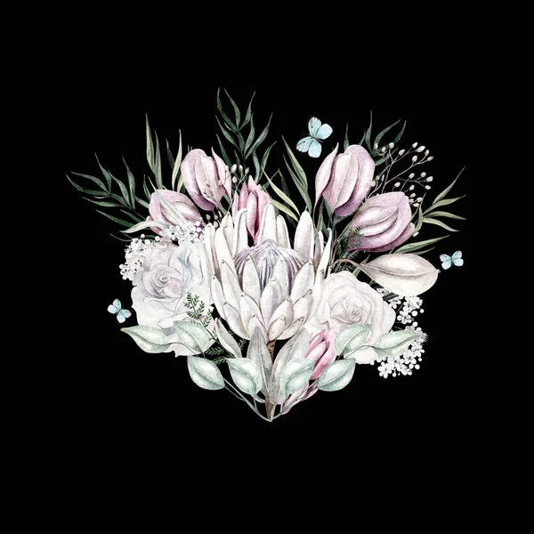 Schöner Aquarellkranz Mit Rose Protea Blüten Und Eukalyptusblättern Illustration — Stockfoto