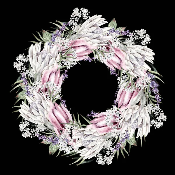 Hermosa Corona Acuarela Con Gypsophila Flor Blanca Protea Hojas Ilustración —  Fotos de Stock