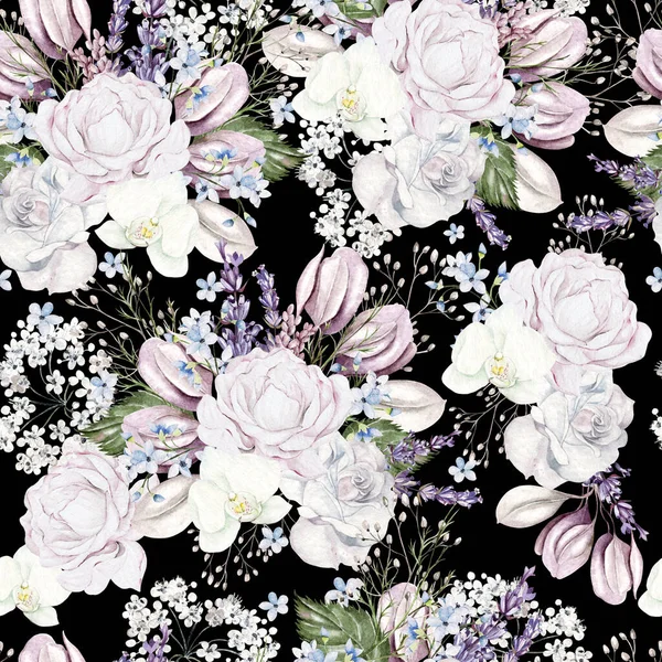 Prachtige Aquarel Naadloze Patroon Met Rozen Pioenroos Bloemen Gypmalayila Lavendel — Stockfoto