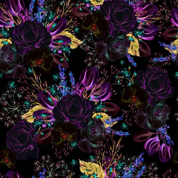 Beautiful Watercolor Seamless Pattern Roses Peony Flowers Gypsophila Lavender Eucalyptus — Stock Photo, Image