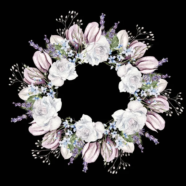 Hermosa Corona Acuarela Con Flores Rosas Gypsophila Lavanda Hojas Eucalipto — Foto de Stock