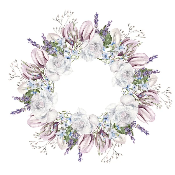 Schöner Aquarellkranz Mit Rosenblüten Zigeunerblumen Lavendel Und Eukalyptusblättern Illustration — Stockfoto