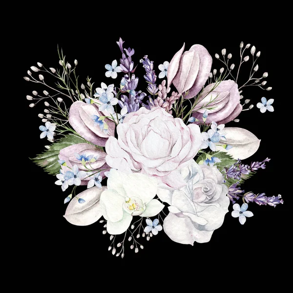 Schöner Aquarellstrauß Mit Rosenblüten Zigeunerblumen Lavendel Und Eukalyptusblättern Illustration — Stockfoto