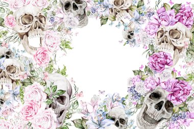 Kafatasları ve çiçekli suluboya kart. Güller, zambak, şakayık. Görüntü