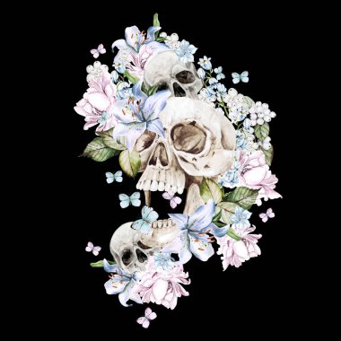 Şakayık ve güllerden oluşan güzel bir suluboya kafatası. Görüntü