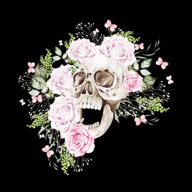 Şakayık ve güllerden oluşan güzel bir suluboya kafatası. Görüntü