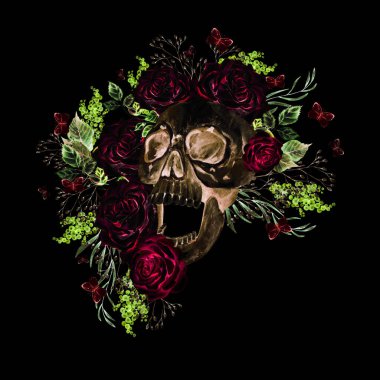 Şakayık ve güllerden oluşan güzel bir suluboya kafatası. Görüntü