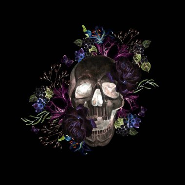 Şakayık ve güllerden oluşan güzel bir suluboya kafatası. Görüntü