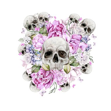 Şakayık ve güllerden oluşan güzel bir suluboya kafatası. Görüntü