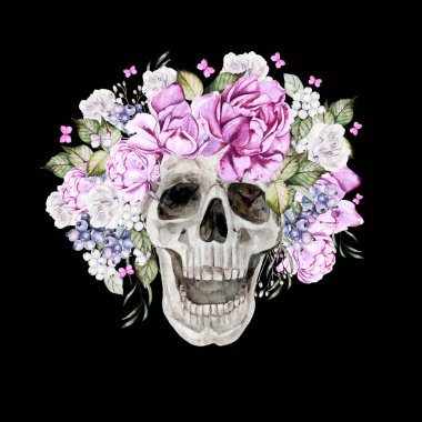 Şakayık ve güllerden oluşan güzel bir suluboya kafatası. Görüntü