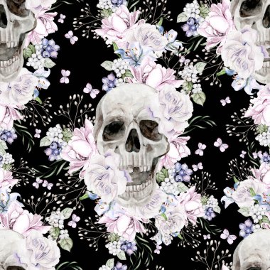 Güzel suluboya desenli kafatası, şakayık çiçekleri ve güllerle. Görüntü