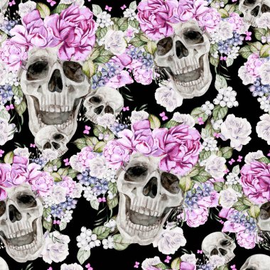 Güzel suluboya desenli kafatası, şakayık çiçekleri ve güllerle. Görüntü