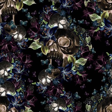 Güzel suluboya desenli kafatası, şakayık çiçekleri ve güllerle. Görüntü