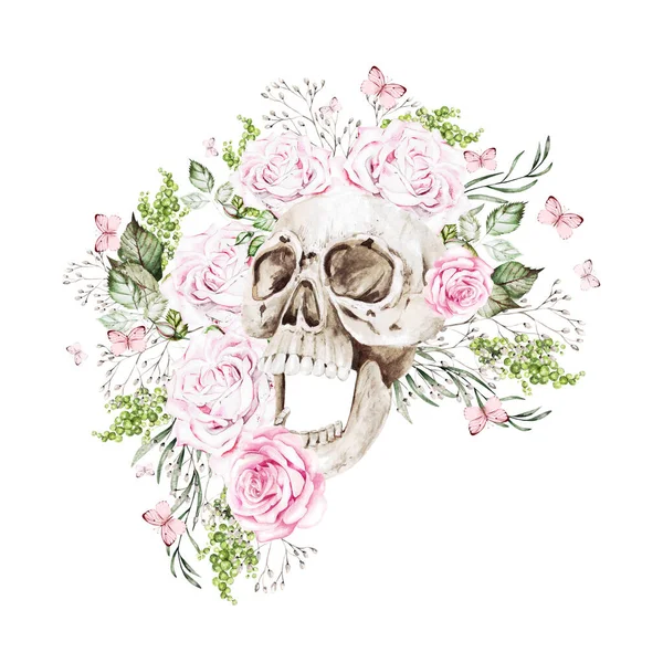 Beautiful Watercolor Skull Flowers Peony Roses Illustration — Stock Photo, Image