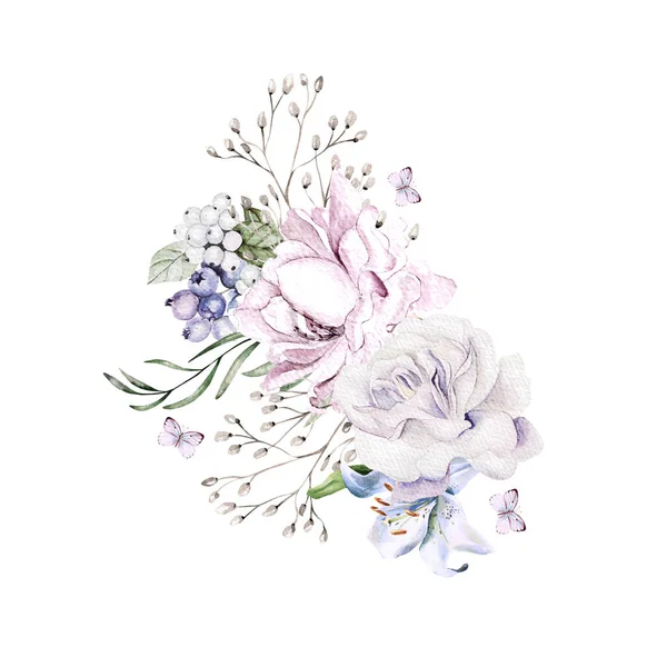 Beau Bouquet Aquarelle Avec Orchidées Fleurs Pivoine Illustration — Photo