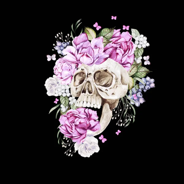 Schöner Aquarell Totenkopf Mit Blüten Von Pfingstrosen Und Rosen Illustration — Stockfoto