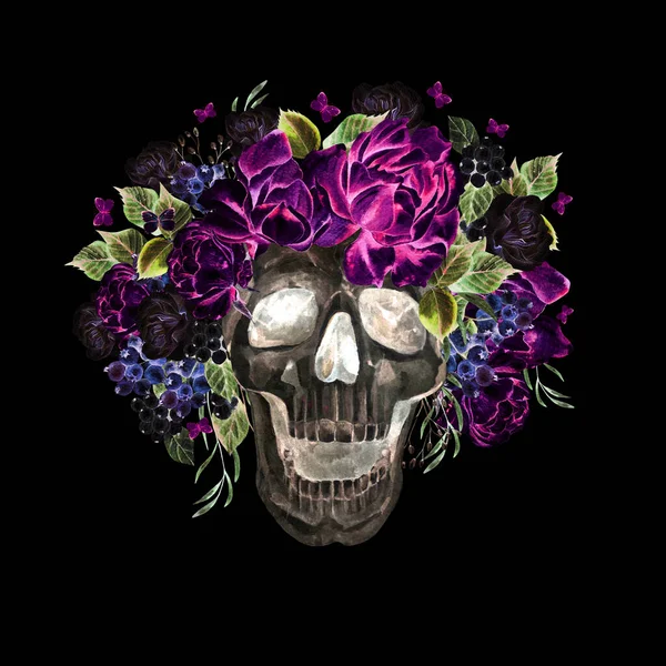 Belle Aquarelle Crâne Avec Des Fleurs Pivoine Roses Illustration — Photo