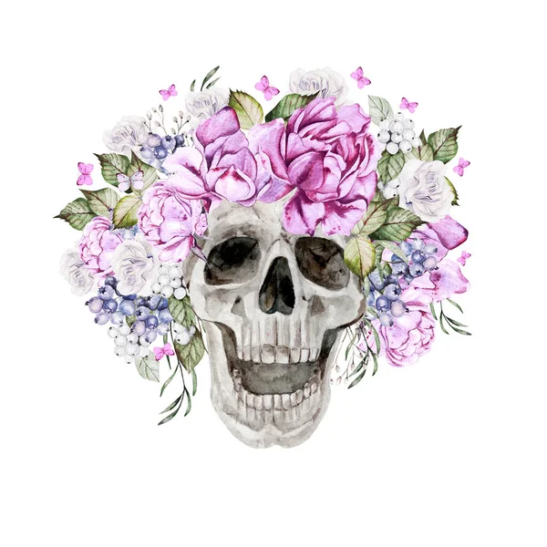 Beautiful Watercolor Skull Flowers Peony Roses Illustration — Stock Photo, Image