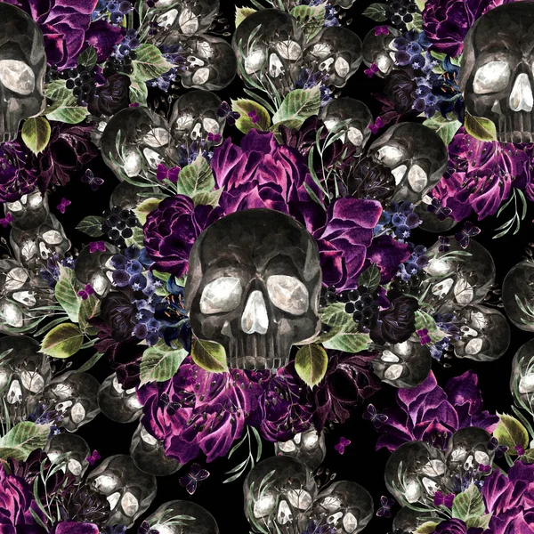Beautiful watercolor seamless pattern with skull and flowers of peony and roses.  Illustration