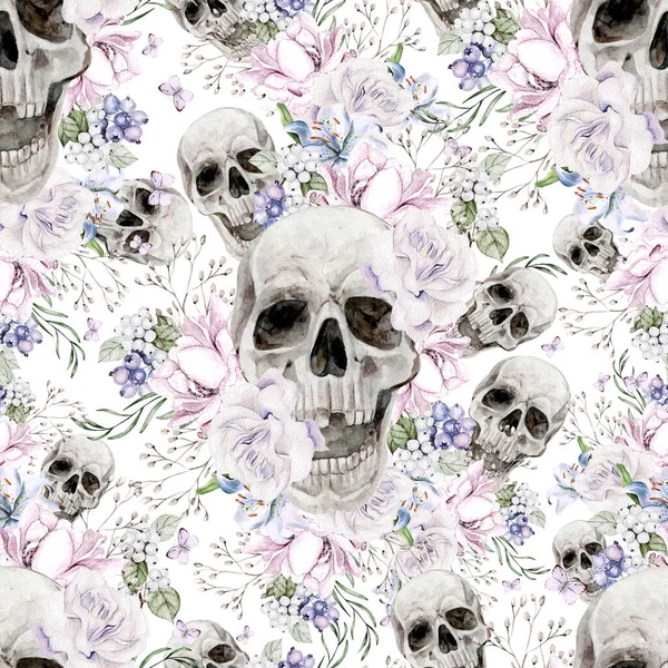 牡丹やバラの頭蓋骨や花と美しい水彩シームレスパターン イラスト — ストック写真