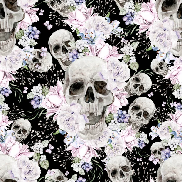 Beautiful watercolor seamless pattern with skull and flowers of peony and roses.  Illustration