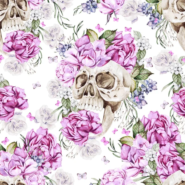 Beau Motif Aquarelle Sans Couture Avec Crâne Fleurs Pivoine Roses — Photo