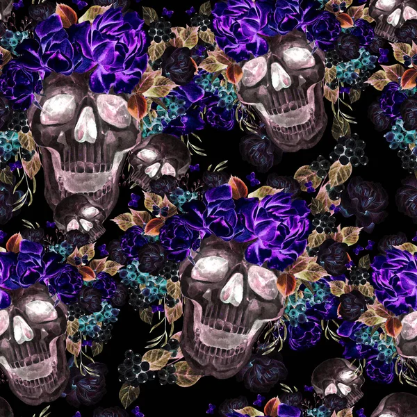 牡丹やバラの頭蓋骨や花と美しい水彩シームレスパターン イラスト — ストック写真