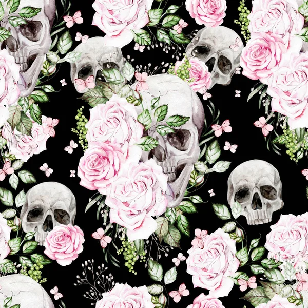 Beautiful watercolor seamless pattern with skull and flowers of peony and roses.  Illustration