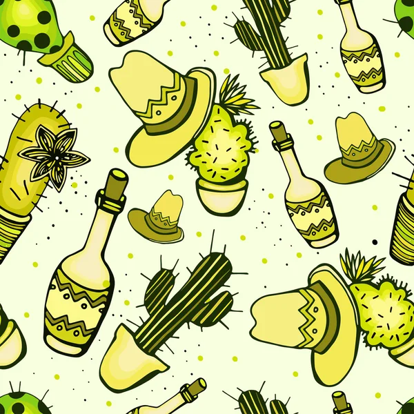 Hermoso patrón con botellas y cactus — Vector de stock