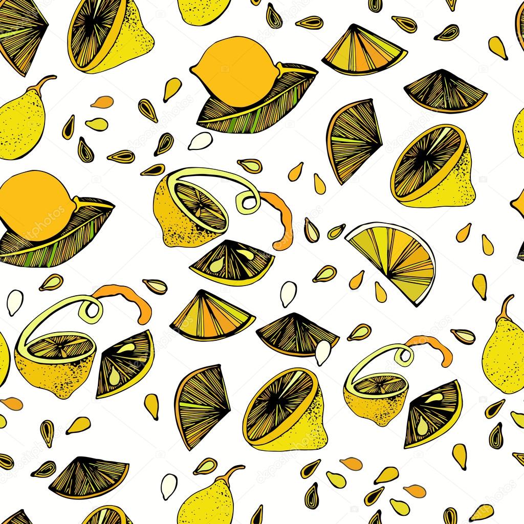 A seamless pattern with bright colorful image of lemons on a white background.