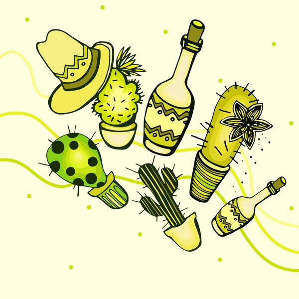 Ilustraciones con cactus y botellas — Vector de stock