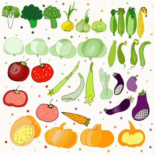 Ilustraciones con divertidos iconos de verduras — Vector de stock