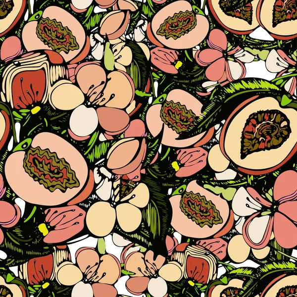 Wzór z obrazem gałęzi, kwiatów i owoców brzoskwini — Wektor stockowy
