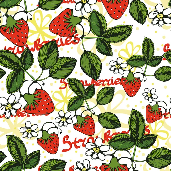 Wzór z obrazem truskawki liście, kwiaty i owoce — Wektor stockowy