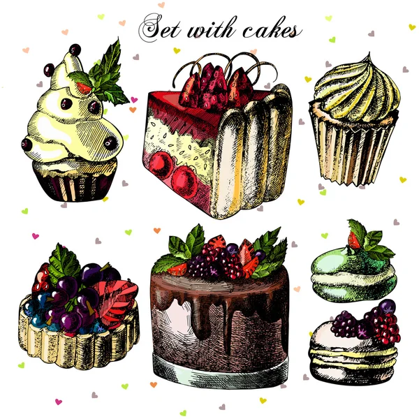 Set di bellissime torte e cupcake — Vettoriale Stock