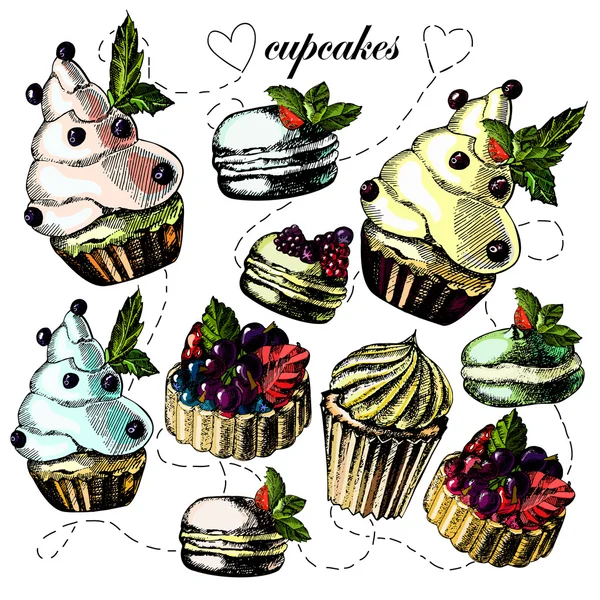 Tartes, cupcakes et macarons lumineux et délicieux sur un fond clair . — Image vectorielle