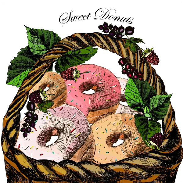 Illustrationen mit einem Donut und Beeren im Weidenkorb — Stockvektor