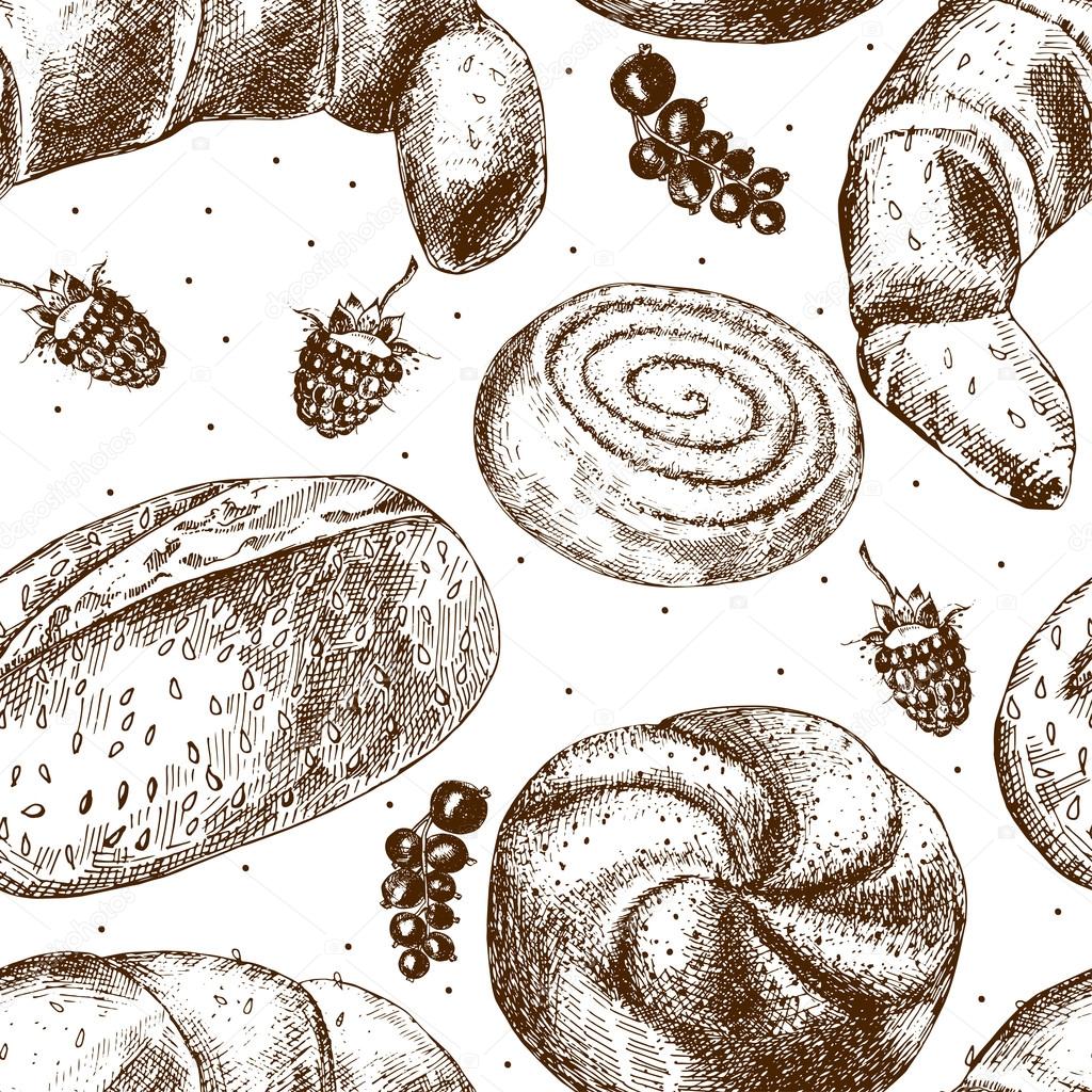 Beautiful pattern with fresh pastries. Hand drawn sketch Collection of bread