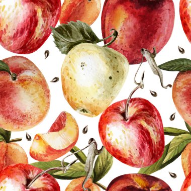 Elma ve şeftali ile suluboya desen.